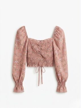 Blush BJ Dusty Rose Floral Smocked Puff Sleeve Crop Top Square Neck Small